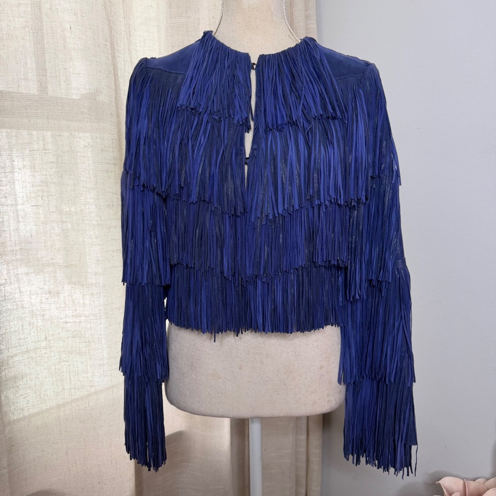 Natto Western Suede Leather Tiered Fringe Jacket Cropped Cobalt Blue Small